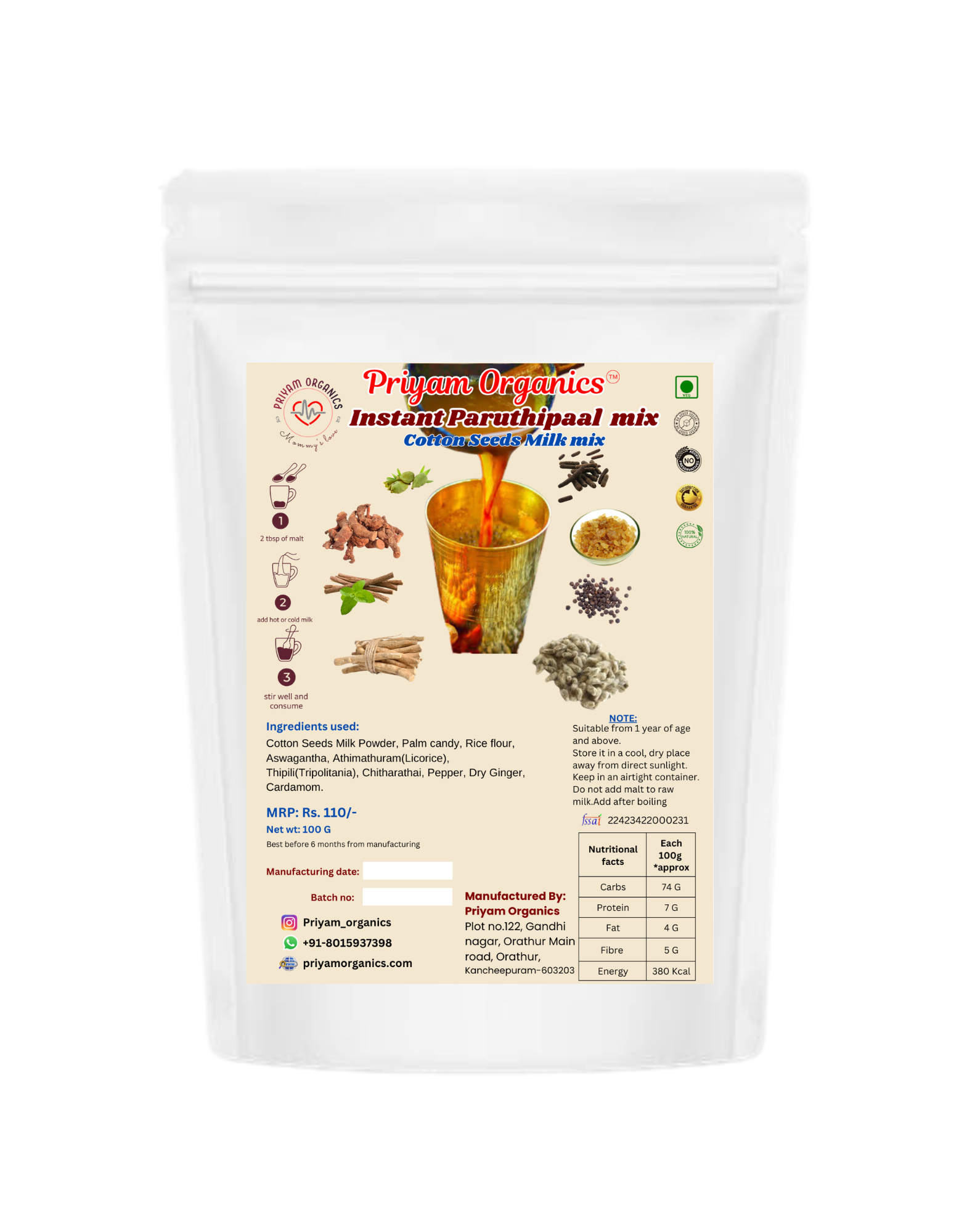 instant paruthipaal(cotton seeds milk) mix